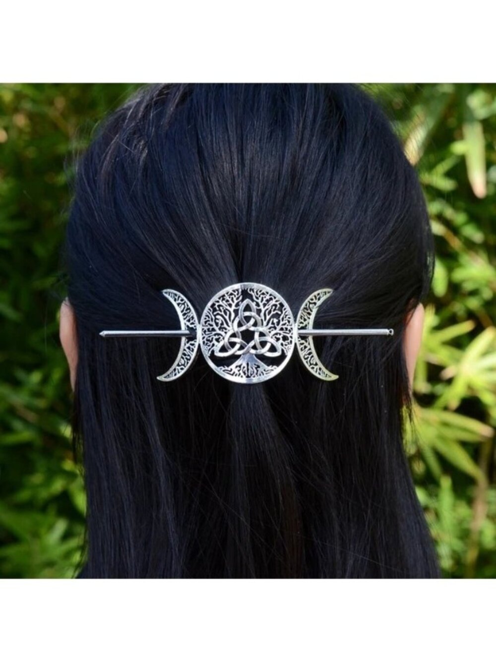 Celtic Knot Triple Moon Goddess Hair Stick Silver Wiccan Barrette with Celtic